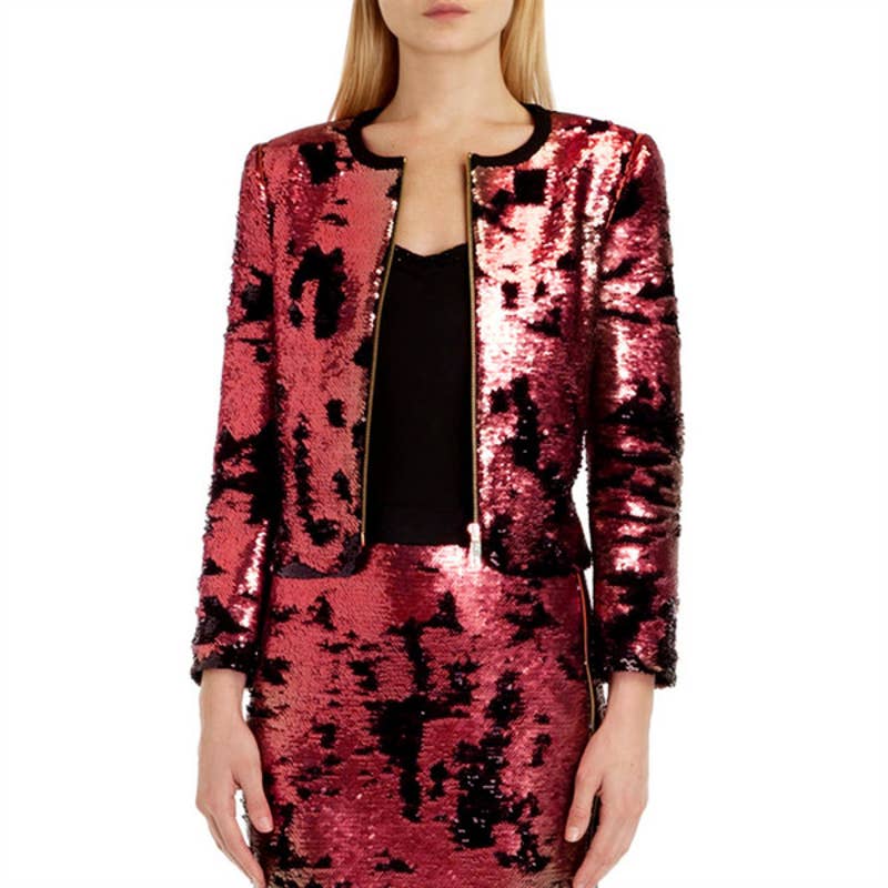 Ted Baker Blubele Sequin Oxblood Gold Full-Zip Cropped Jacket 1 New Red Top S